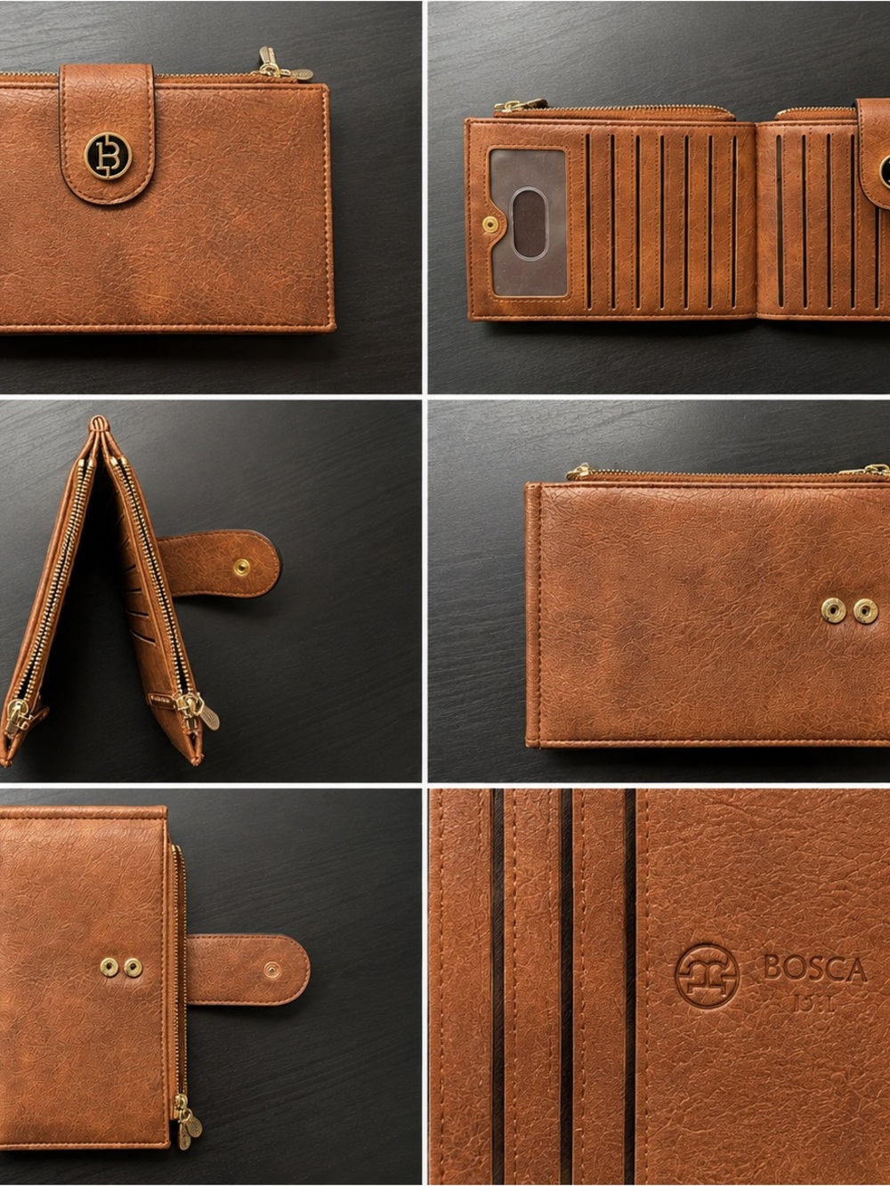 Bosca Brown Leather Trifold Wallet with Zip Pocket